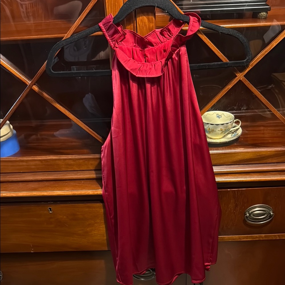 White House Black Market Red Ruffled Bib Collar Blouse